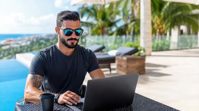 Man sunglasses laptop pool ocean coffee cup relaxed focused working by poolside with ocean view