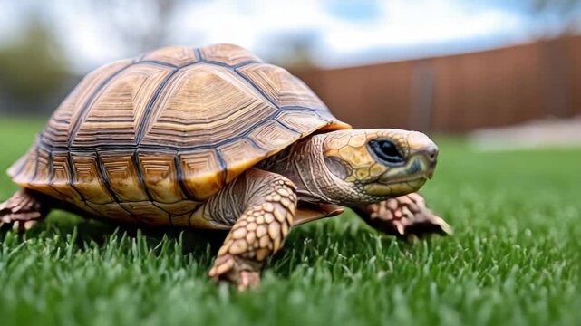 Young sulcata tortoise close up walking on green grass with warm light calm shell