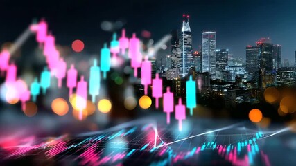 Defocused financial district skyline overlaid with transparent data grids and index graphs, soft bokeh lights, with copy space - Powered by Adobe