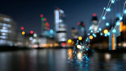 Defocused financial district skyline overlaid with transparent data grids and index graphs, soft bokeh lights, with copy space - Powered by Adobe