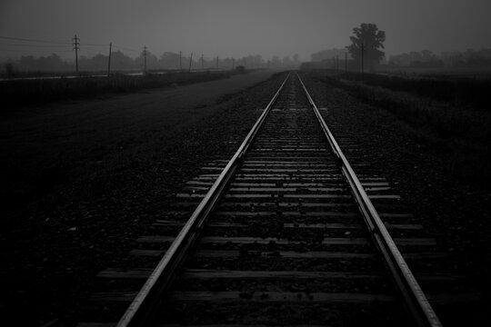 railroad tracks in the fog