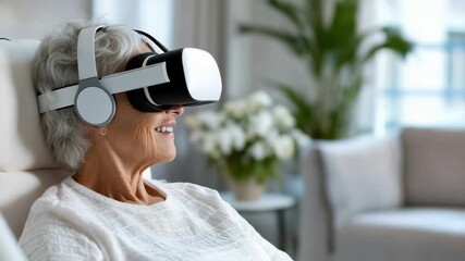 Senior woman smiling living room wearing virtual reality headset, senior citizen enjoying technology - Powered by Adobe