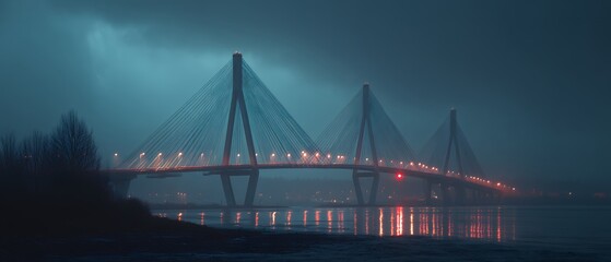 Naklejka premium bridge over water at night with lights on