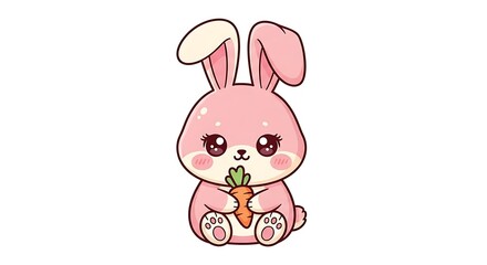 Obraz premium Cute Kawaii Pink Bunny Holding a Carrot Isolated on White Background