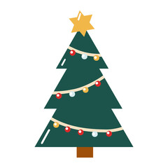 Cute flat green Christmas tree with colorful garland and star topper. Festive icon. Hand drawn vector isolated illustration. 