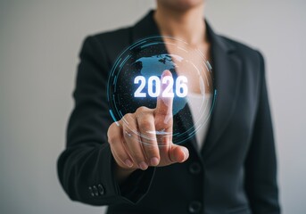 businesswoman pressing virtual button