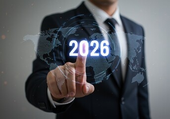 businessman pressing virtual button