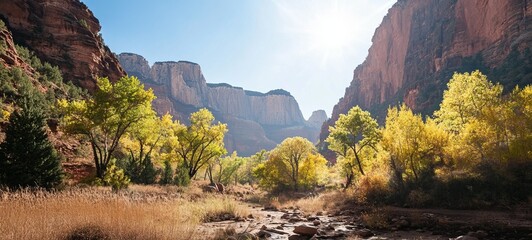 Autumnal canyon landscape with vibrant yellow trees and red rock formations