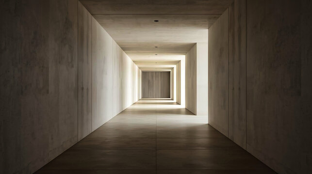 Minimalistischer Betonkorridor &ndash; Licht und Schatten in Perspektive, Modern Corridor Architecture &ndash; Long Passageway with Symmetry, Ruhiger Tunnelgang &ndash; Monochrome Interior