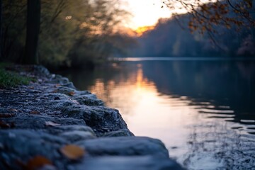 Autumnal riverbank at sunset