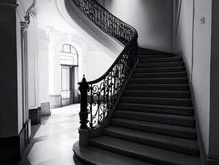 Black and white sweeping staircase in a grand building