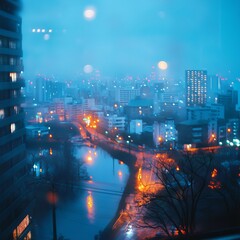 Blurry city view at twilight, seen from an elevated position