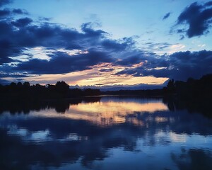 Calm lake reflecting a vibrant sunset with dramatic clouds