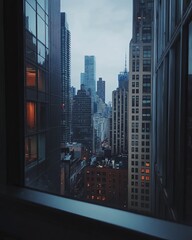 Cityscape seen through a window at dusk