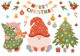 Cute Christmas clipart set with gnome, bear, and decorated Christmas tree for festive winter and Christmas design