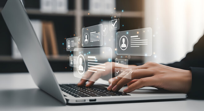 Professional reviewing candidate profiles on holographic interface, making hiring decisions with laptop in modern office setting