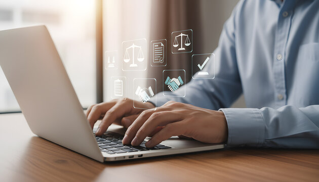 Professional hands typing on laptop surrounded by digital legal and business icons representing contracts agreement and justice