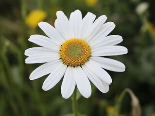 Close-up of a single white daisy with yellow center, blurred green background