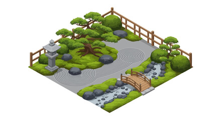 Isometric illustration of miniature japanese garden with river stream view