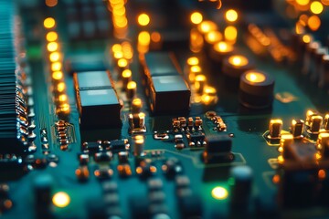 Close-up of illuminated circuit board with glowing components