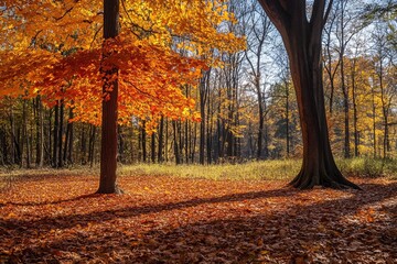 Autumnal forest bathed in sunlight