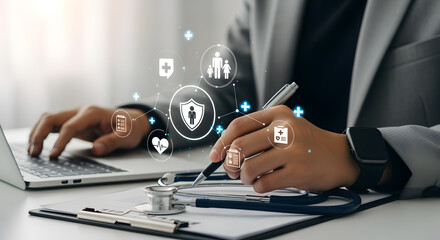 Professional healthcare professional analyzing patient data and medical records on a laptop, surrounded by digital health icons for modern wellness management.