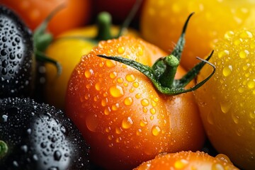 Close-up of colorful, wet tomatoes