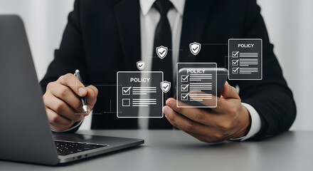 Professional executive reviewing digital policy documents and compliance checks on smartphone and...