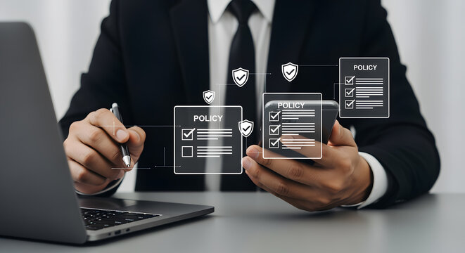 Professional executive reviewing digital policy documents and compliance checks on smartphone and laptop, ensuring strategic business growth and security