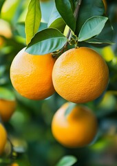 Close-up of ripe oranges on a tree branch. Lush green leaves