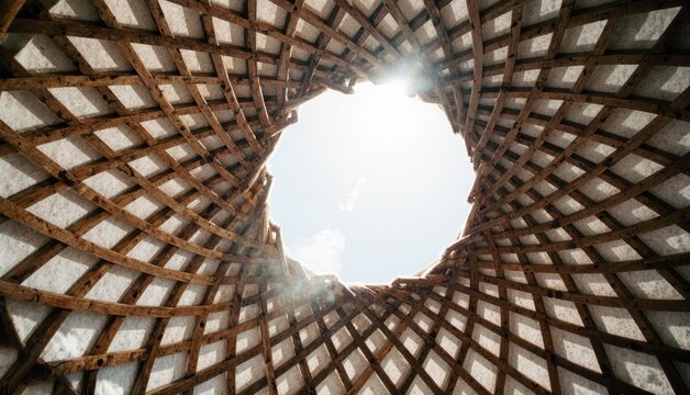 Looking up from inside an unusual architectural structure, sunlight streams through the circular opening above