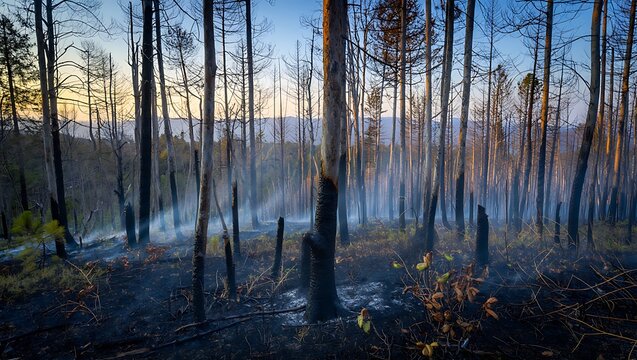 Forest fire aftermath and smoke through the trees in the woods