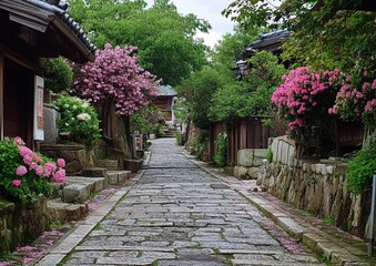 Cobblestone path winds through Japanese village, spring blooms