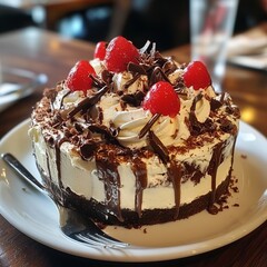 Chocolate cheesecake layered with whipped cream and raspberries