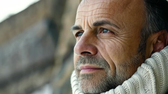 Contemplative Glance: A man's weathered face, etched with character and wisdom, gazes pensively into the distance. His eyes reflect a depth of experience.