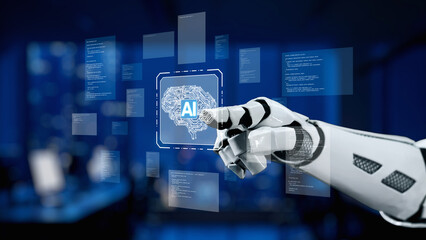 A robotic hand points at a digital interface displaying artificial intelligence graphics, emphasizing innovation and interaction in modern technology and design. Synapse