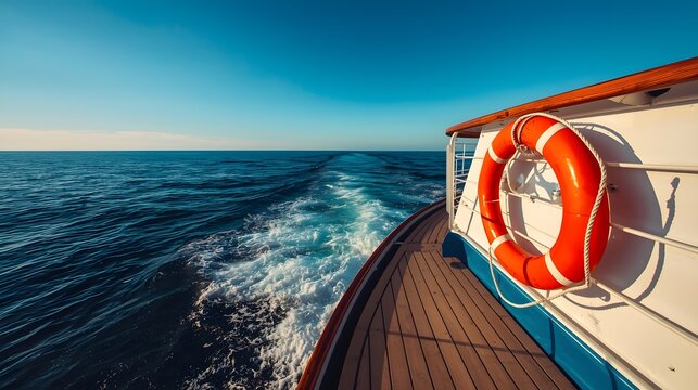 A bright scenic view from the deck of a ship cruising across the open sea, featuring a vivid orange lifebuoy, clear blue sky, deep ocean horizon, and sunlit wooden boards creating a peaceful maritime