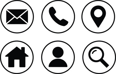Minimalist Black Circular Icons Set for Contact, Navigation, Web Interface, Email, Phone, Location, User Profile, and Search
