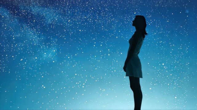 Night Sky Contemplation: Silhouette of a woman standing beneath a vibrant starry sky, lost in thought and wonder. Capturing the awe-inspiring beauty of the cosmos.
