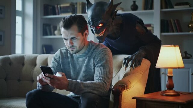 man using cellphone with demon at his side