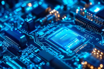 Close-up of a circuit board, glowing blue components