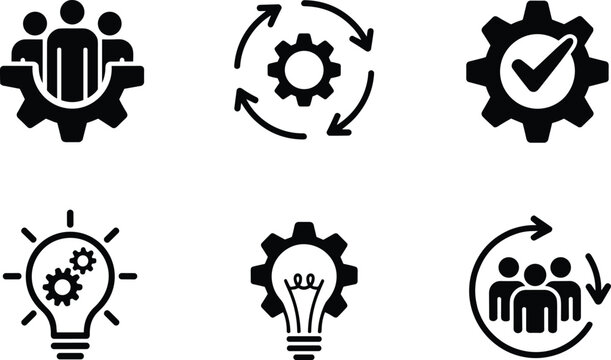Teamwork gear icon, collaboration process symbol, innovation light bulb design, continuous workflow cycle, quality assurance checkmark