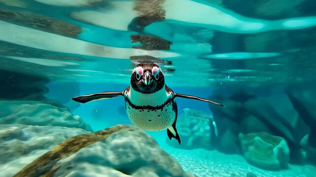 Penguin's underwater elegance: a captivating view of a penguin gracefully swimming in clear, cool water. its form is mirrored above the surface, inviting viewers to feel tranquil under the water