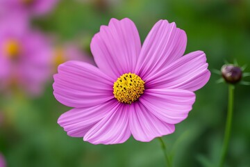 Close-up of a vibrant pink cosmos flower. Blurred background of other cosmos flowers