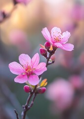 Delicate pink blossoms on branch, soft focus