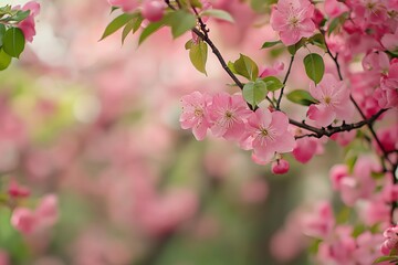 Delicate pink blossoms on branches. Soft focus