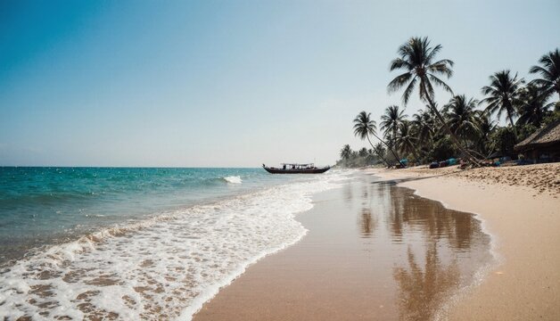 Sunny beach with gentle waves and a fishing boat near palm trees on a tranquil day Generative AI - Powered by Adobe