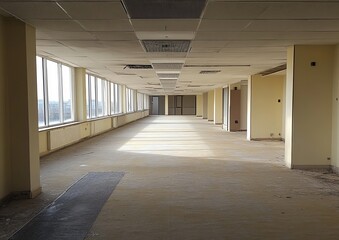 Empty office space, sunlight streams through windows