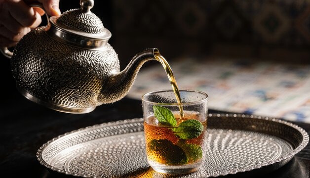 Pouring aromatic tea into a glass while refreshing mint leaves dance on a silver tray Generative AI