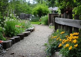 A gravel path meanders through a vibrant garden, bordered by flowers and wooden logs